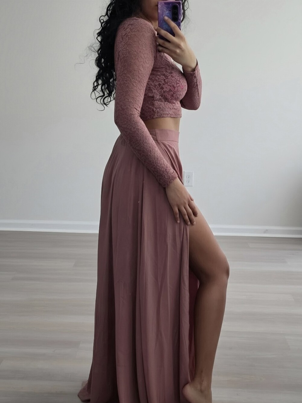 Women’s Mauve Pink Wrap Maxi Skirt Set - High Slit Flowing Skirt Chiffon S